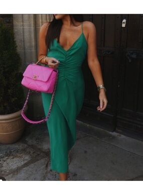 Zara Long Rushed Dress. Green. Large